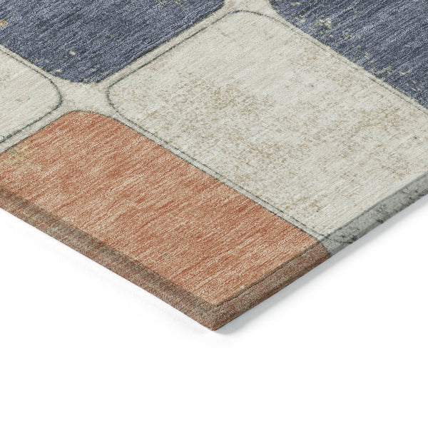 HomeRoots 5' Stylish Geometric Area Rug in Rust and Denim Blue - Durable, Washable for Indoor/Outdoor Use 8' Round 626950