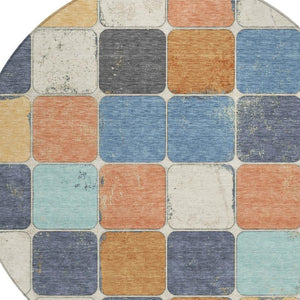 HomeRoots 5' Stylish Geometric Area Rug in Rust and Denim Blue - Durable, Washable for Indoor/Outdoor Use 8' Round 626950