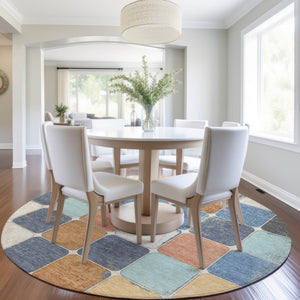 HomeRoots 5' Stylish Geometric Area Rug in Rust and Denim Blue - Durable, Washable for Indoor/Outdoor Use 8' Round 626950