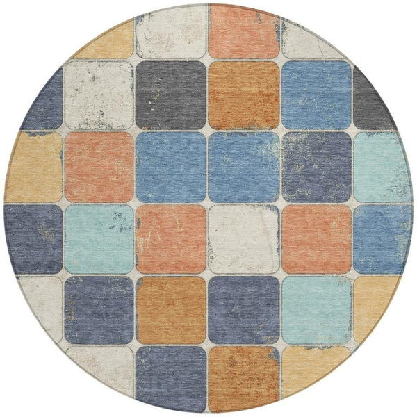 HomeRoots 5' Stylish Geometric Area Rug in Rust and Denim Blue - Durable, Washable for Indoor/Outdoor Use 8' Round 626950