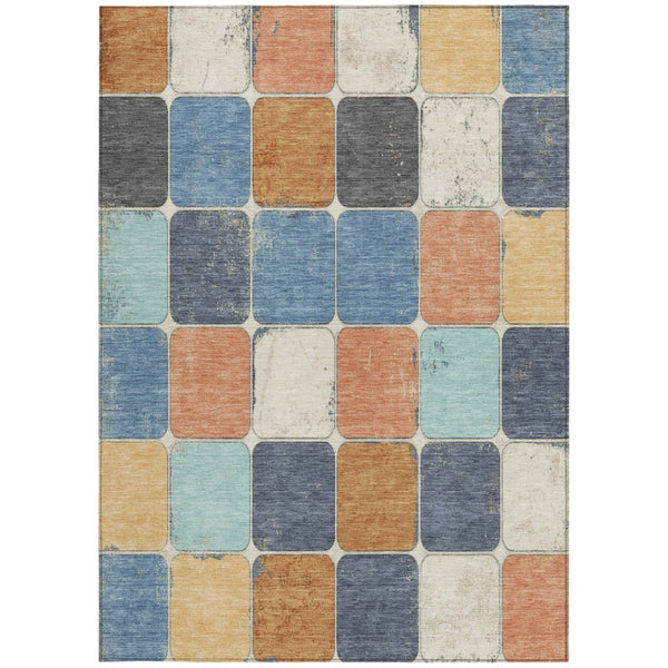 HomeRoots 5' Stylish Geometric Area Rug in Rust and Denim Blue - Durable, Washable for Indoor/Outdoor Use 8' X 10' 626951