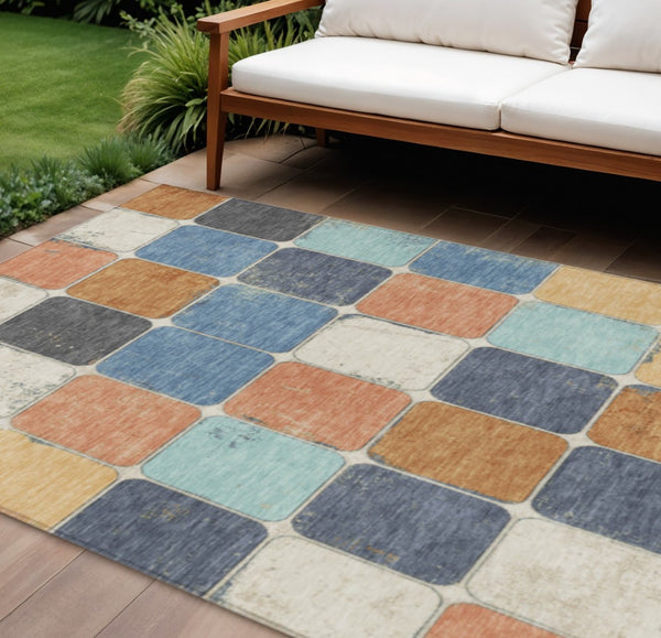 HomeRoots 5' Stylish Geometric Area Rug in Rust and Denim Blue - Durable, Washable for Indoor/Outdoor Use 8' X 10' 626951