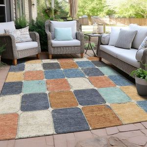 HomeRoots 5' Stylish Geometric Area Rug in Rust and Denim Blue - Durable, Washable for Indoor/Outdoor Use 8' X 10' 626951
