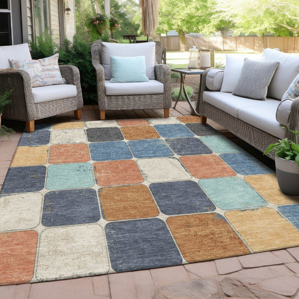 HomeRoots 5' Stylish Geometric Area Rug in Rust and Denim Blue - Durable, Washable for Indoor/Outdoor Use 8' X 10' 626951