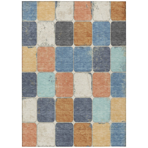 HomeRoots 5' Stylish Geometric Area Rug in Rust and Denim Blue - Durable, Washable for Indoor/Outdoor Use 9' X 12' 626952