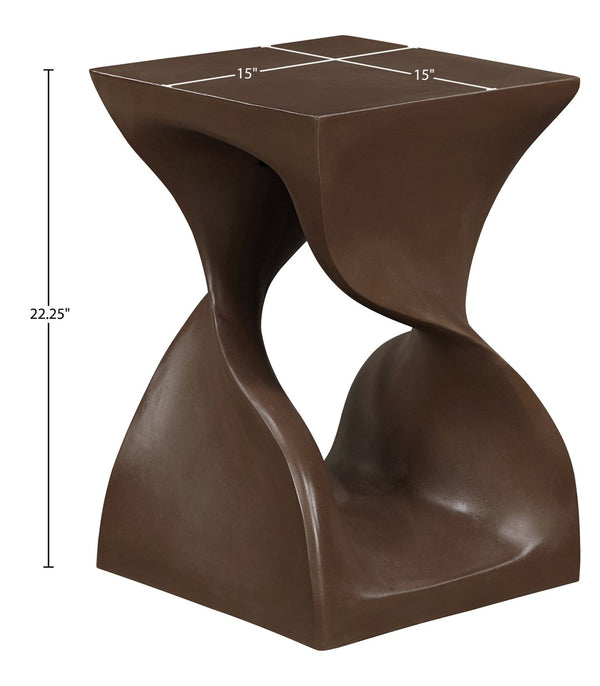Meridian Furniture Jula Sculptural Concrete End Table Art Deco Twisted Form for Indoor Outdoor Living Spaces Brown 626Brown-ET