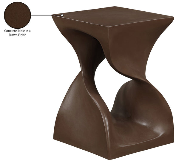 Meridian Furniture Jula Sculptural Concrete End Table Art Deco Twisted Form for Indoor Outdoor Living Spaces Brown 626Brown-ET