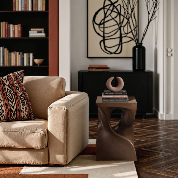 Meridian Furniture Jula Sculptural Concrete End Table Art Deco Twisted Form for Indoor Outdoor Living Spaces Brown 626Brown-ET