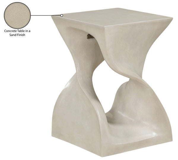 Meridian Furniture Jula Sculptural Concrete End Table Art Deco Twisted Form for Indoor Outdoor Living Spaces Beige 626Sand-ET
