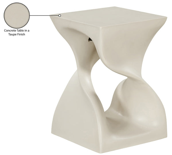 Meridian Furniture Jula Sculptural Concrete End Table Art Deco Twisted Form for Indoor Outdoor Living Spaces Taupe 626Taupe-ET