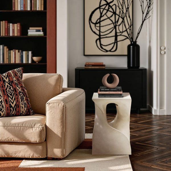 Meridian Furniture Jula Sculptural Concrete End Table Art Deco Twisted Form for Indoor Outdoor Living Spaces Taupe 626Taupe-ET