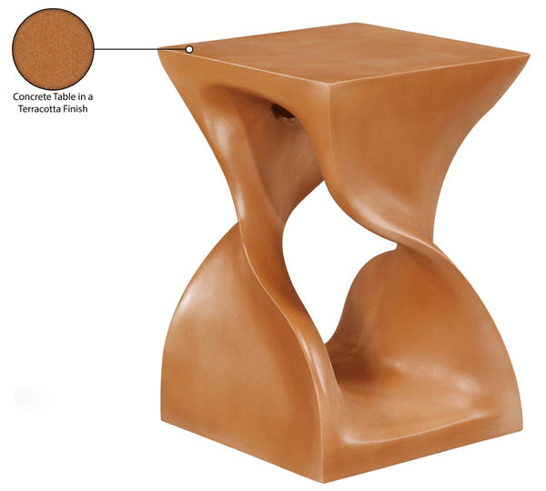 Meridian Furniture Jula Sculptural Concrete End Table Art Deco Twisted Form for Indoor Outdoor Living Spaces Terracotta 626Terracotta-ET