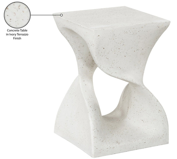 Meridian Furniture Jula Sculptural Concrete End Table Art Deco Twisted Form for Indoor Outdoor Living Spaces Terrazzo 626Trzo-ET