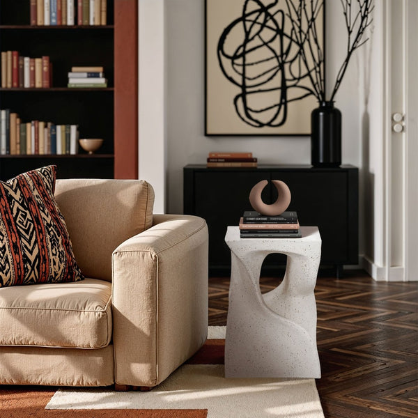 Meridian Furniture Jula Sculptural Concrete End Table Art Deco Twisted Form for Indoor Outdoor Living Spaces Terrazzo 626Trzo-ET