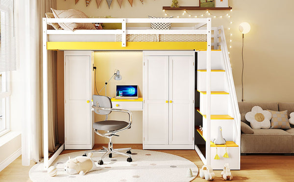 English Elm Full Size Teen Loft Bed with Staircase Shelves Wardrobe Vanity and Led Lighting LT000276AAL