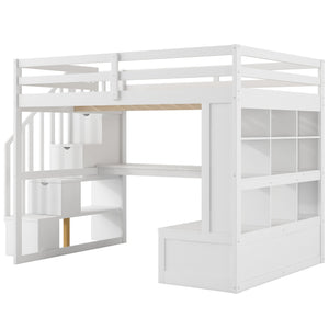English Elm Full Full Size Loft Bed with Desk, Shelves, Two Drawers and Storage Staircase in Warm Wood Finish White GX000397AAK