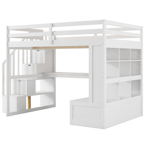 English Elm Full Full Size Loft Bed with Desk, Shelves, Two Drawers and Storage Staircase in Warm Wood Finish White GX000397AAK