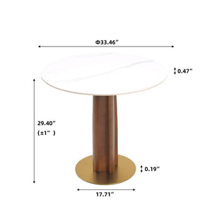English Elm Modern Round Dining Table - 33.5" Sintered Stone Top, Wooden Legs & Gold Base For Small Spaces W1535S00608