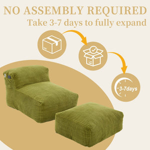 English Elm Big Corduroy Lounger Bean Bag with Ottoman Memory Foam Fill for Living Room Olive W395P435351