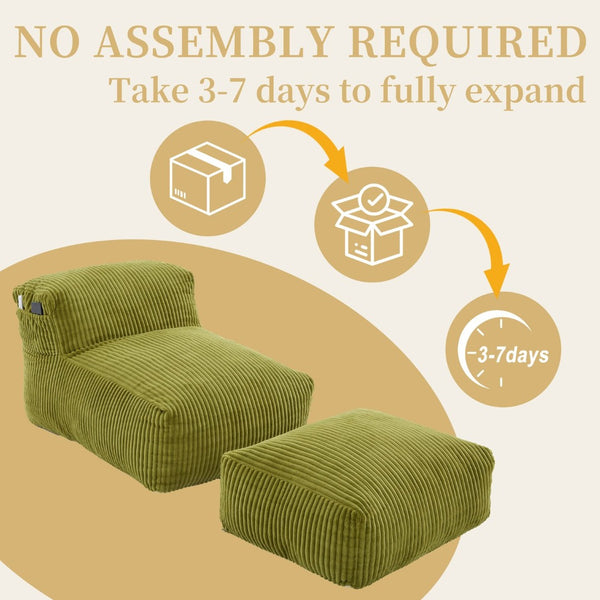 English Elm Big Corduroy Lounger Bean Bag with Ottoman Memory Foam Fill for Living Room Olive W395P435351