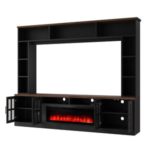 English Elm U-can Modern Farmhouse Wall Unit with Electric Fireplace Bookshelves and Glass Cabinet Doors Black+Brown SJ000153AAAB