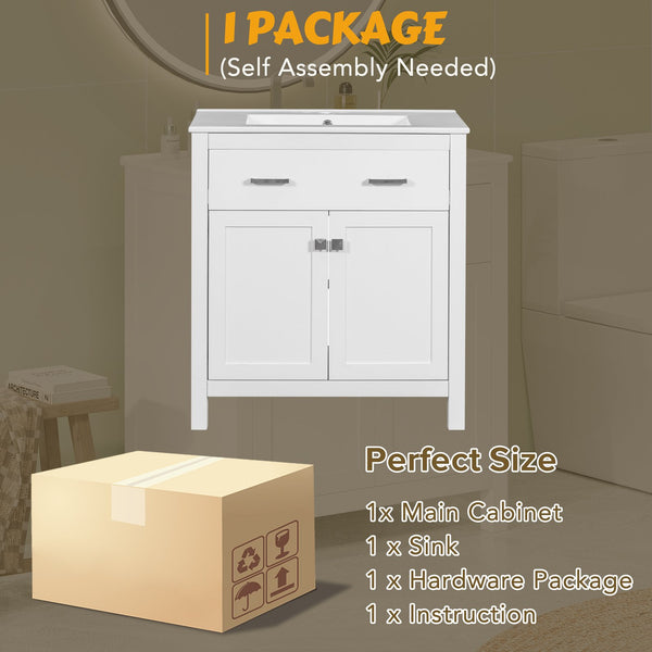 English Elm 30-inch Modern Bathroom Vanity with Ceramic Sink, Gold Accents, Solid Wood Frame, Soft-Close Doors and Ample Storage White WF324045AAK