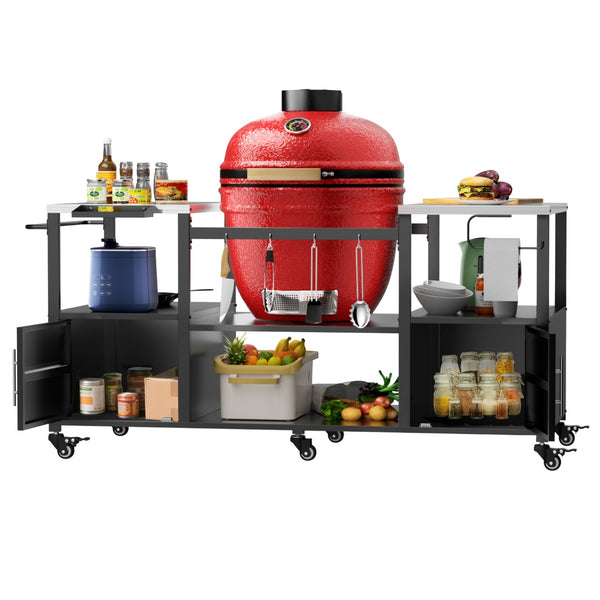 English Elm Outdoor Heavy Duty Steel Kamado Grill Cart with Locking Casters and Storage Boxes W3190P305792
