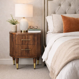 English Elm Solid Mango Wood Ribbed Nightstand with Two Drawers Warm Chestnut Bedroom Storage B182P476725