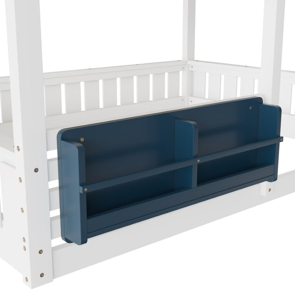 English Elm Full Bunk Bed with Trundle Bookshelf Storage Pine Frame Car Design for Kids White W1580S00552
