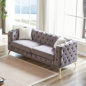 English Elm Fx Chesterfield Velvet Sofa with Diamond Tufting Polished Legs and Accent Pillows W1926S00090