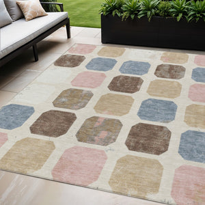 HomeRoots 5' Versatile Indoor Outdoor Area Rug with Geometric Design in Linen Ivory and Denim Blue Style 5' X 8' 627027