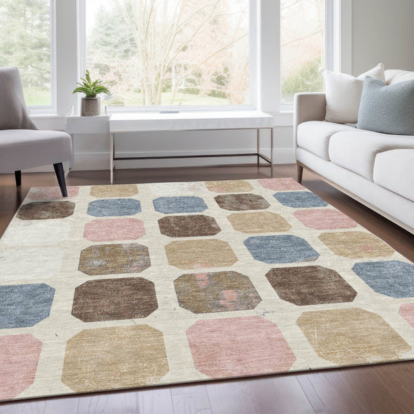 HomeRoots 5' Versatile Indoor Outdoor Area Rug with Geometric Design in Linen Ivory and Denim Blue Style 5' X 8' 627027