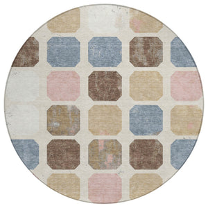 HomeRoots 5' Versatile Indoor Outdoor Area Rug with Geometric Design in Linen Ivory and Denim Blue Style 8' Round 627028