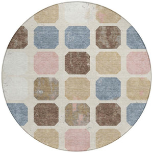 HomeRoots 5' Versatile Indoor Outdoor Area Rug with Geometric Design in Linen Ivory and Denim Blue Style 8' Round 627028