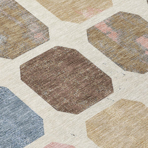 HomeRoots 5' Versatile Indoor Outdoor Area Rug with Geometric Design in Linen Ivory and Denim Blue Style 8' Round 627028
