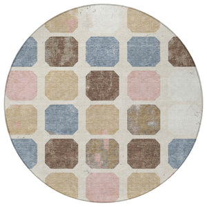 HomeRoots 5' Versatile Indoor Outdoor Area Rug with Geometric Design in Linen Ivory and Denim Blue Style 8' Round 627028