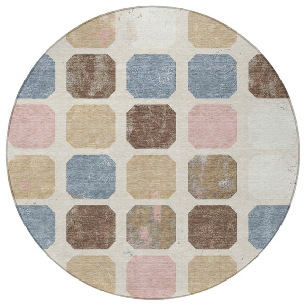HomeRoots 5' Versatile Indoor Outdoor Area Rug with Geometric Design in Linen Ivory and Denim Blue Style 8' Round 627028