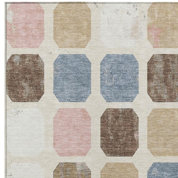 HomeRoots 5' Versatile Indoor Outdoor Area Rug with Geometric Design in Linen Ivory and Denim Blue Style 8' X 10' 627029