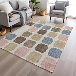 HomeRoots 5' Versatile Indoor Outdoor Area Rug with Geometric Design in Linen Ivory and Denim Blue Style 9' X 12' 627030