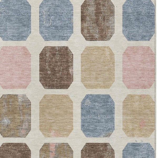 HomeRoots 5' Versatile Indoor Outdoor Area Rug with Geometric Design in Linen Ivory and Denim Blue Style 10' X 14' 627031