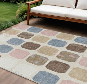 HomeRoots 5' Versatile Indoor Outdoor Area Rug with Geometric Design in Linen Ivory and Denim Blue Style 10' X 14' 627031