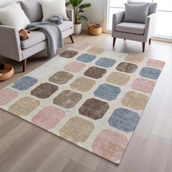 HomeRoots 5' Versatile Indoor Outdoor Area Rug with Geometric Design in Linen Ivory and Denim Blue Style 10' X 14' 627031