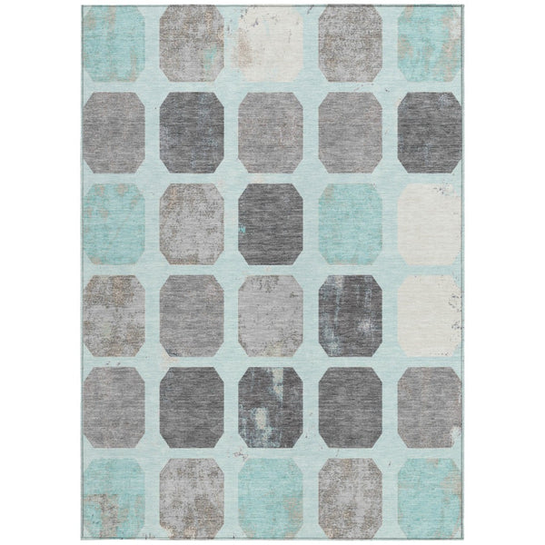 HomeRoots 5' Stylish Teal Blue Gray Ivory Geometric Indoor Outdoor Area Rug for Effortless Home Elegance 5' X 8' 627033