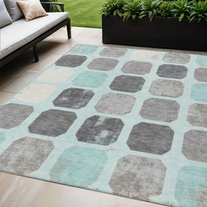 HomeRoots 5' Stylish Teal Blue Gray Ivory Geometric Indoor Outdoor Area Rug for Effortless Home Elegance 5' X 8' 627033