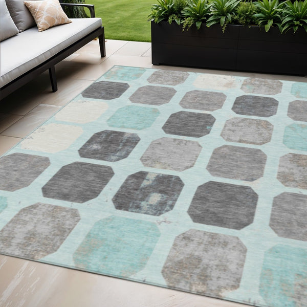 HomeRoots 5' Stylish Teal Blue Gray Ivory Geometric Indoor Outdoor Area Rug for Effortless Home Elegance 5' X 8' 627033