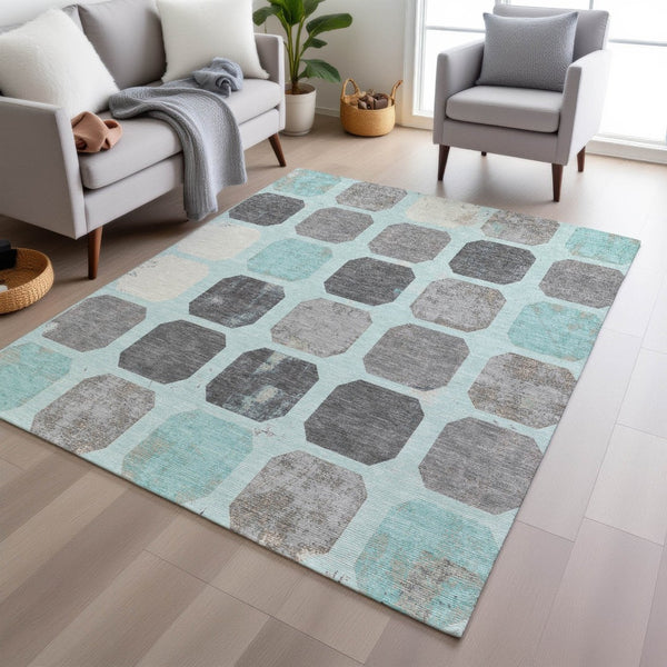 HomeRoots 5' Stylish Teal Blue Gray Ivory Geometric Indoor Outdoor Area Rug for Effortless Home Elegance 5' X 8' 627033