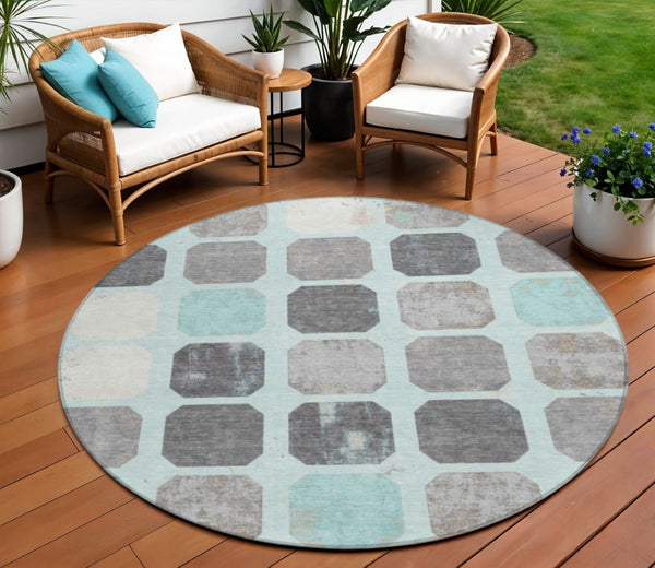 HomeRoots 5' Stylish Teal Blue Gray Ivory Geometric Indoor Outdoor Area Rug for Effortless Home Elegance 8' Round 627034