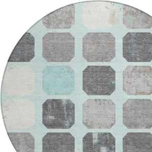HomeRoots 5' Stylish Teal Blue Gray Ivory Geometric Indoor Outdoor Area Rug for Effortless Home Elegance 8' Round 627034