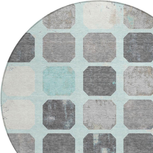 HomeRoots 5' Stylish Teal Blue Gray Ivory Geometric Indoor Outdoor Area Rug for Effortless Home Elegance 8' Round 627034