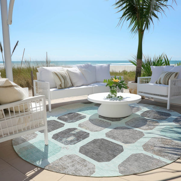 HomeRoots 5' Stylish Teal Blue Gray Ivory Geometric Indoor Outdoor Area Rug for Effortless Home Elegance 8' Round 627034